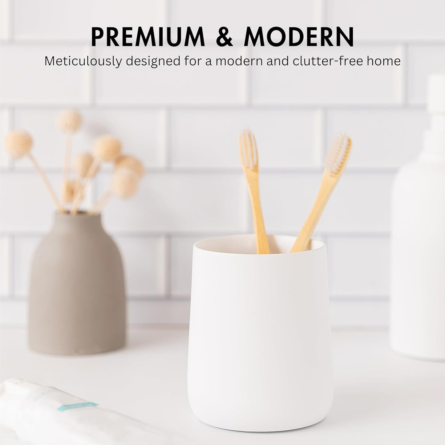 Matte White Toothbrush and Toothpaste Holder and Cup for Bathroom Vanity and Countertop, Round Organizer for Electric Toothbrushes, Floss, Razors, Cotton, and Mouthwash