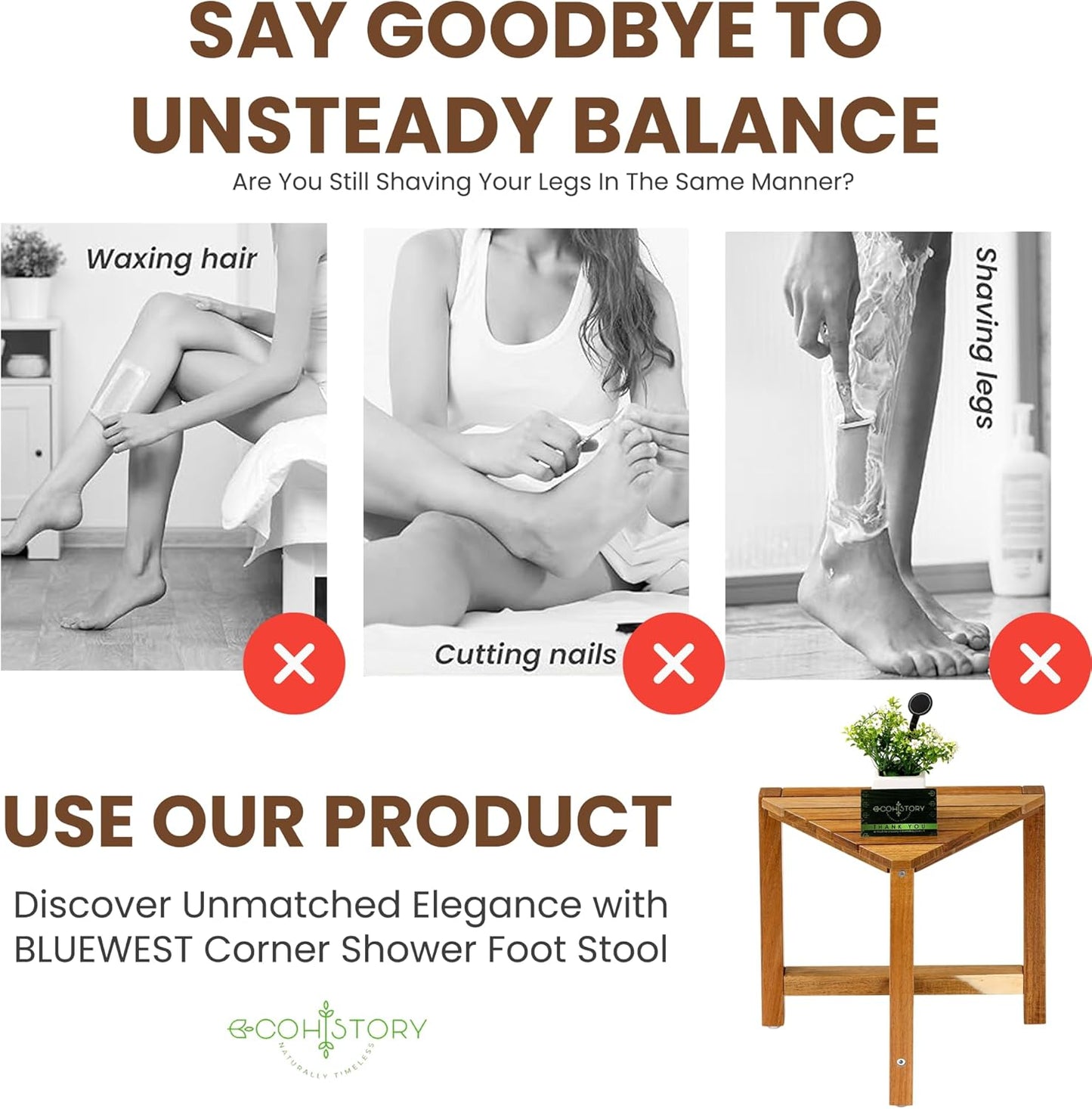 Eco History Shower Stool for Shaving Legs – 12 Inch Natural Acacia Shower Wooden Stool – Corner Foot Rest with Non-Slip Rubber Feet – Bench Seat Bathroom Organizer – Folding Design