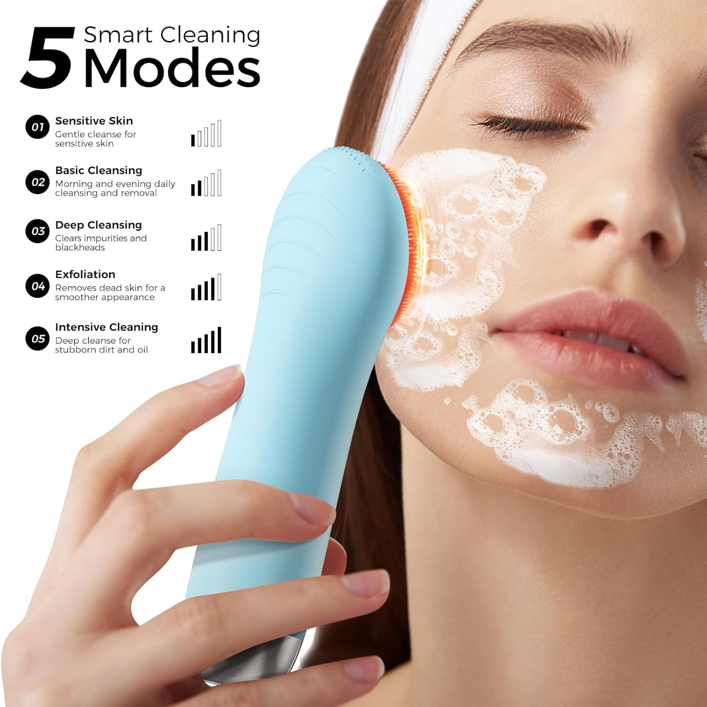Facial Cleansing Brush Face Scrubber - Rechargeable Electric Face Cleansing Brush with 4 LED Gentle Light Liquid Silicone Modes Exfoliator,IPX7 Waterproof Ideal Gift for Men and Women-Blue