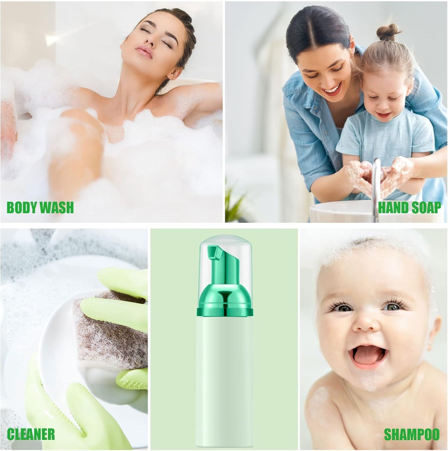 Lil Ray 2 Oz Empty Green Foam Pump Bottle, Travel Foamer Soap Dispenser for Lash Shampoo, Hand Soap, Foaming Cleaner(Green Pump, 12 PCS)