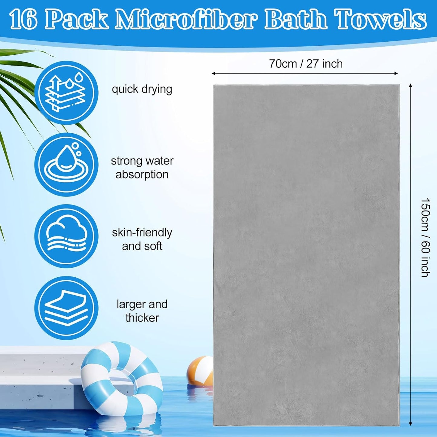 16 Pack Microfiber Bath Towels Bulk 27'' x 60'' Oversized Size Bath Towel Highly Absorbent Extra Large Soft Drying for Shower Beach Salon Winter Sport Spa Gym (Simple,Light Grey)