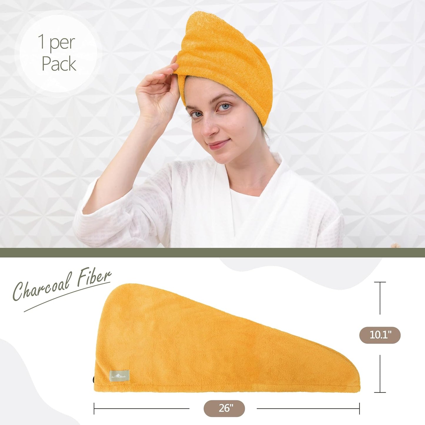myHomeBody Hair Towel Wrap, Luxury Quick Drying Turban, Ultra Soft Absorbent Charcoal Fiber Cap, with Coconut Shell Button– Mango