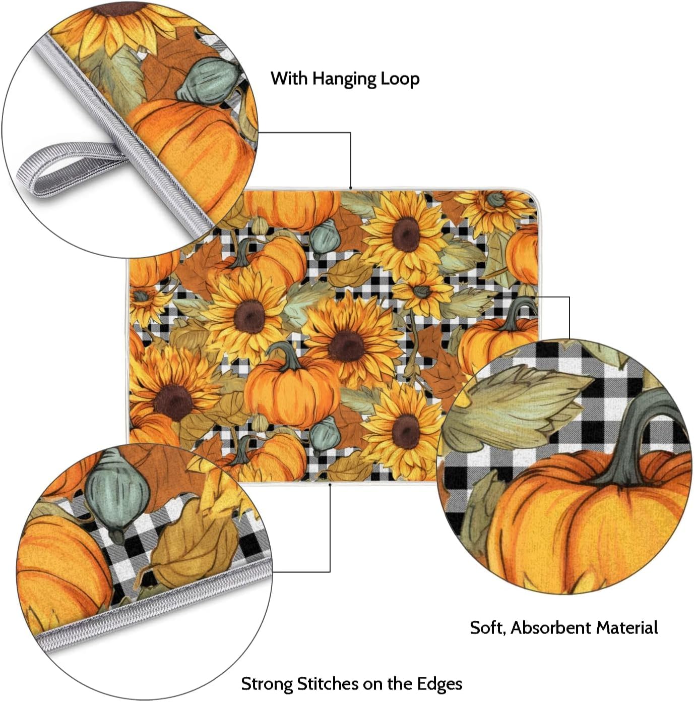 Hexteria Dish Drying Mat for Kitchen Counter Absorbent Microfiber Kitchen Drying Mat Summer Pumpkin and Sunflower Dish Drainer Rack Mat Heat Resistant 18 x 24