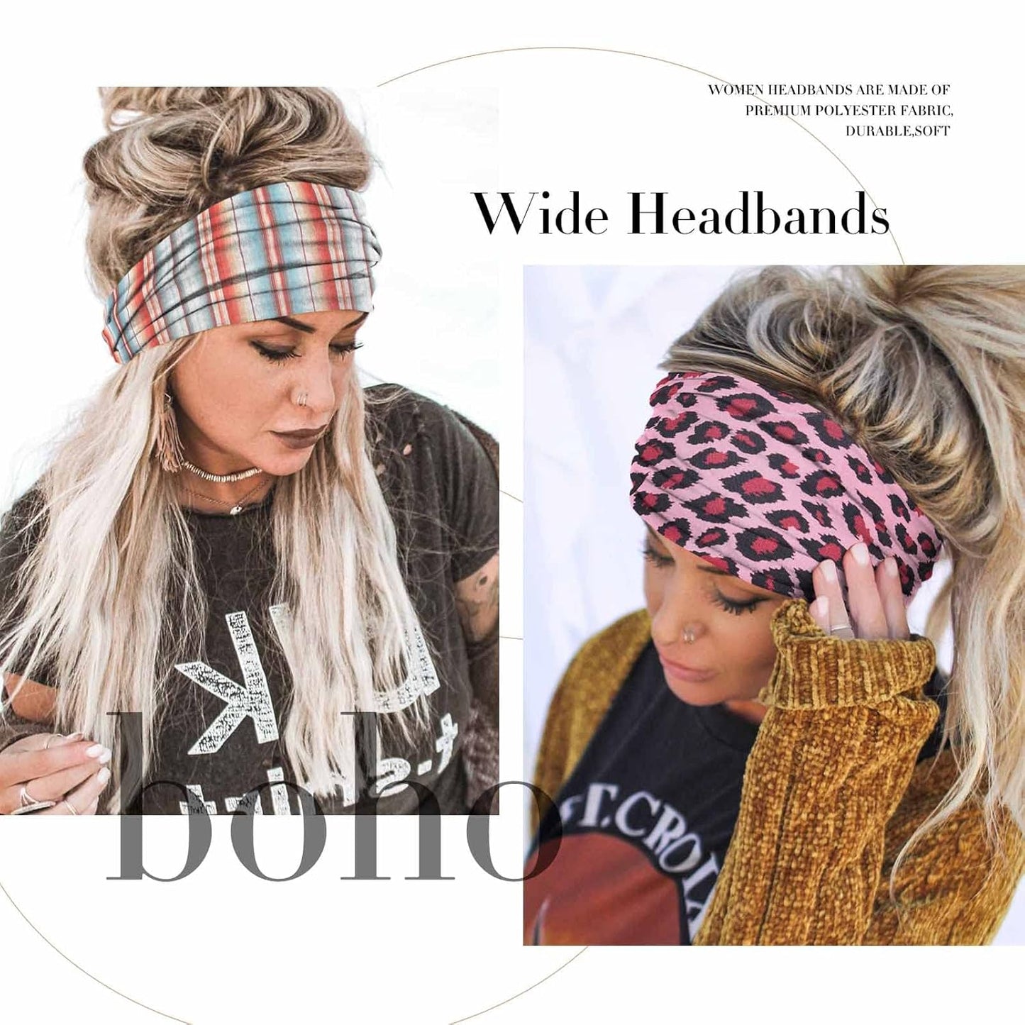 Olbye Boho Wide Turban Elastic Nonslip Headbands for Women Girls - Workout, Yoga, Running, Sweatband, African Bohemian Hair Wraps & Fashion Accessories (H- Leopard)