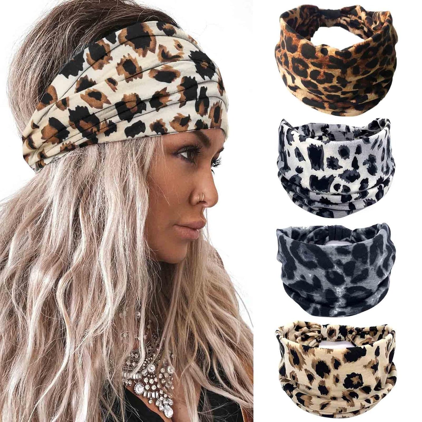 Acenail Wide Headbands Women Knotted Turban Headband Elastic Non Slip Hairbands Boho Head Wraps Workout Leopard Yoga Cotton Hair Scarfs Fashion Hair Accessories for Women 4Pcs (Leopard)