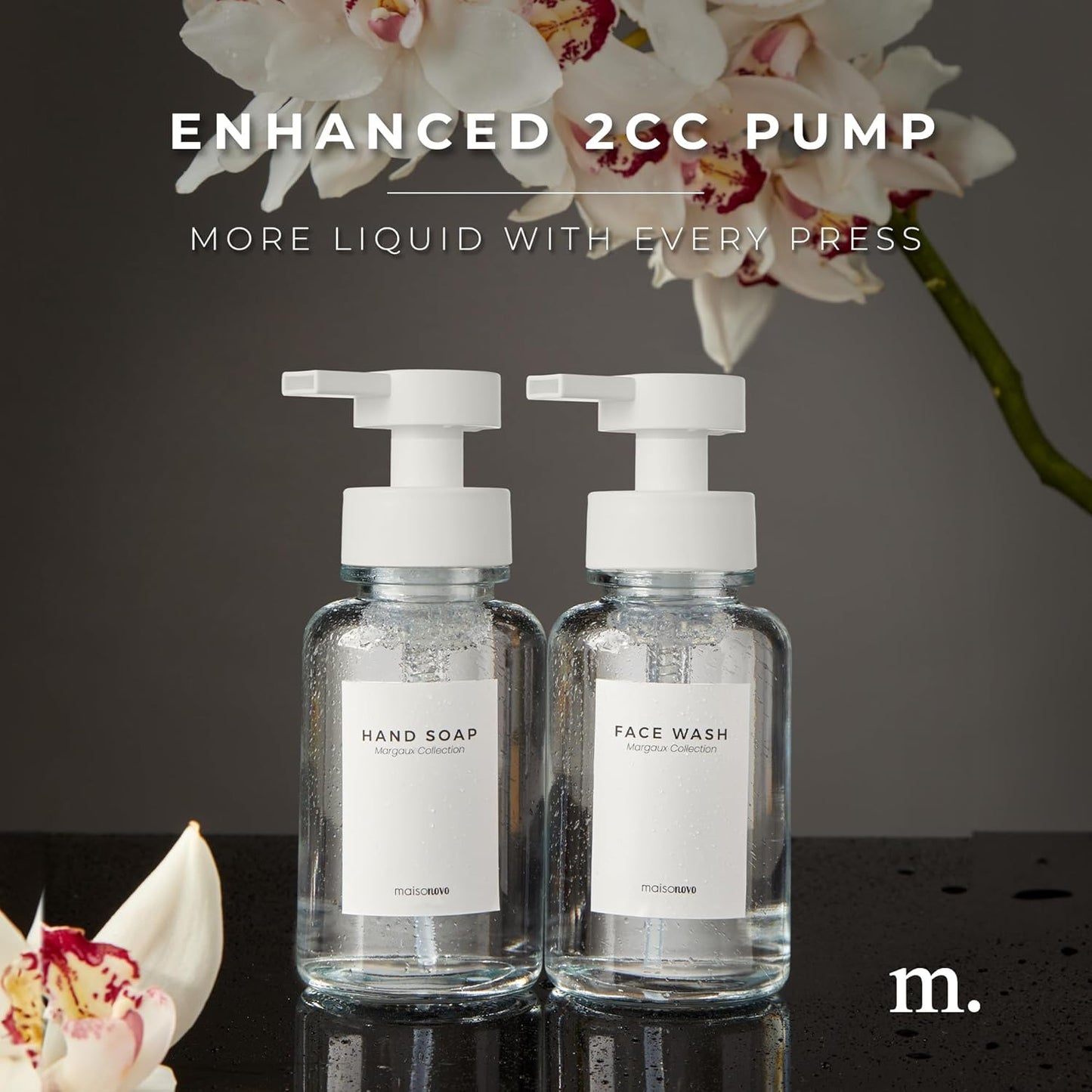 MaisoNovo Glass Foaming Soap Dispenser 14 Oz | Clear Glass White Pumps x 2 with Tray