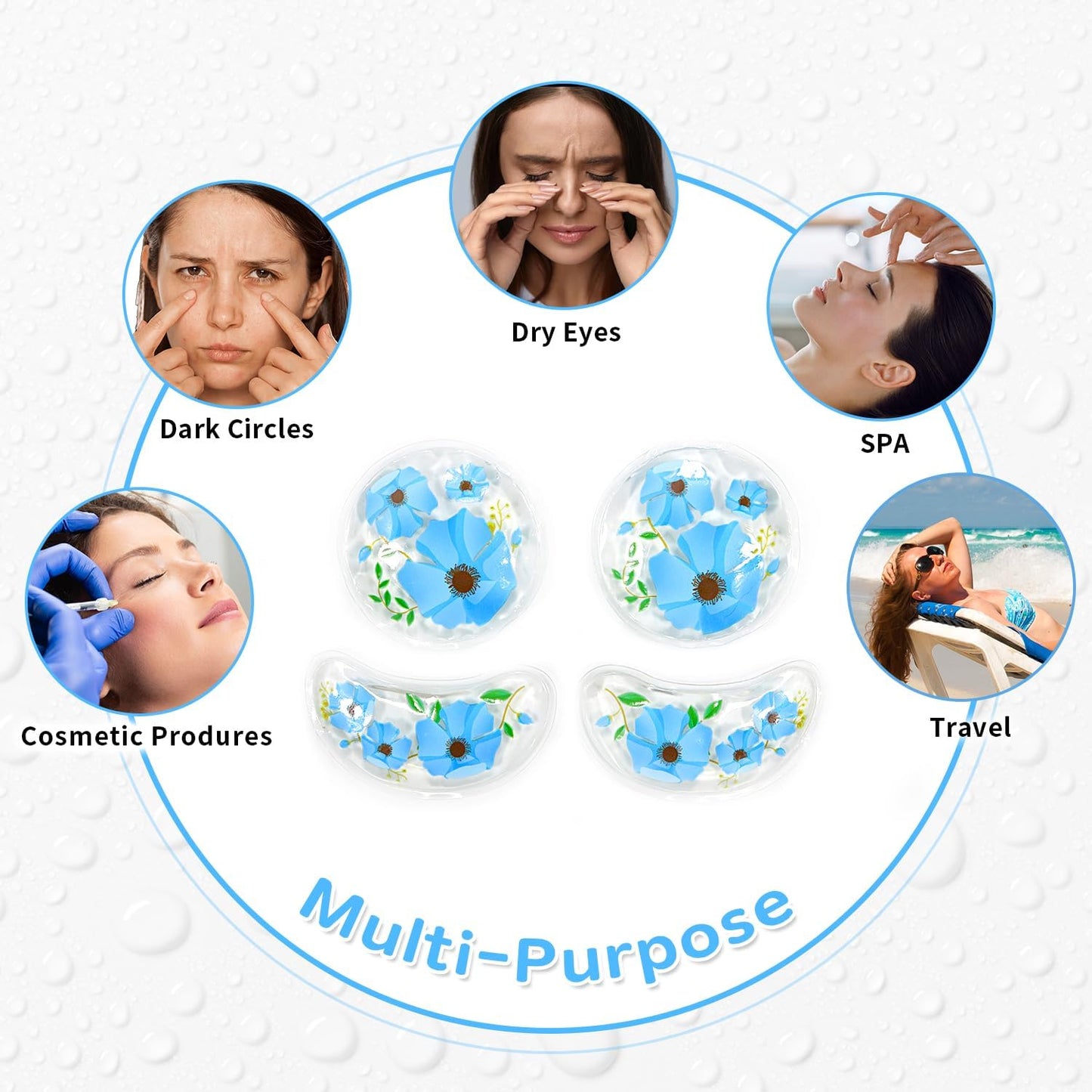4PCS Gel Eye Ice Pack Set, Cold & Hot Compress, Reusable Cooling Gel Pads for Strain Relief, Swelling, Dark Circles, Redness, Puffy Eyes, Surgery Recovery (4 Blue flowers)