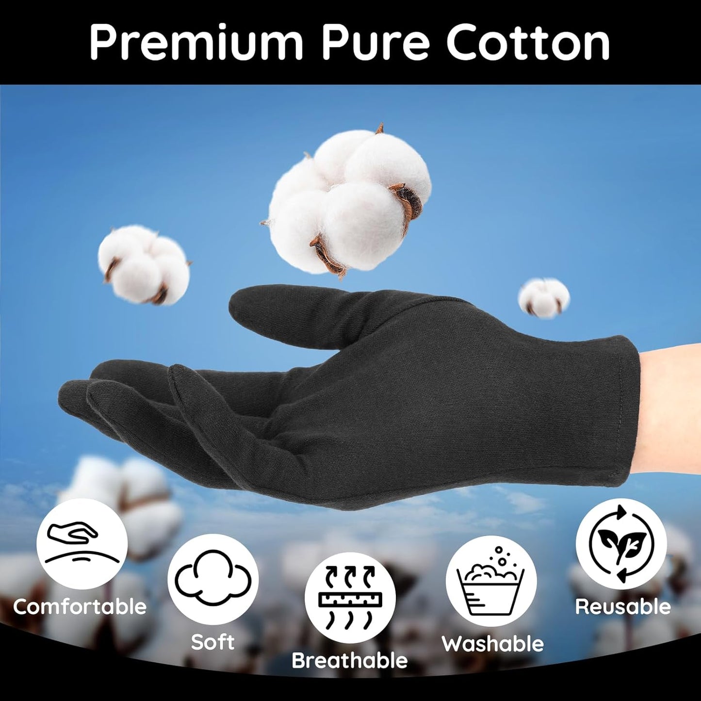 Segbeauty 36 Counts Black Cotton Gloves Work, 18 Pairs Lotion Moisturizing Cotton Gloves for Dry Hands Overnight for Driving Typing Handling Art, Sleep Glove Soft Reusable Gel Glove Bulk Extra Large