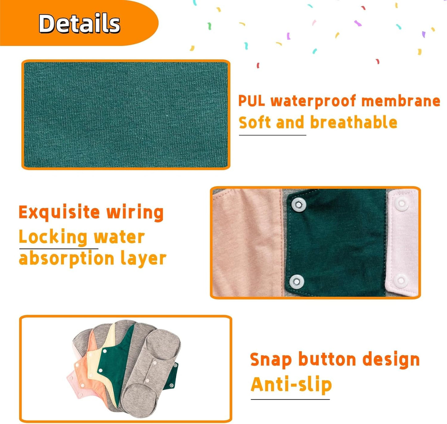 Reusable Washable Cloth Menstrual Pads,Heavy Duty Incontinence Pads,6pcs/Set,5pcs+1 Storage Bag,Suitable for Heavy Menstrual Flow,Incontinence