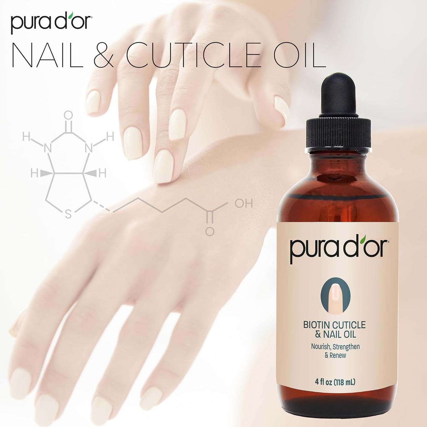 PURA D'OR 4 Oz Nail and Cuticle Oil - Nourishing Treatment with Dropper - Natural Blend Enriched with Biotin, Vitamin E, Milk for Nail Growth, Healthy Nail Beds and Great for Acrylic Nails