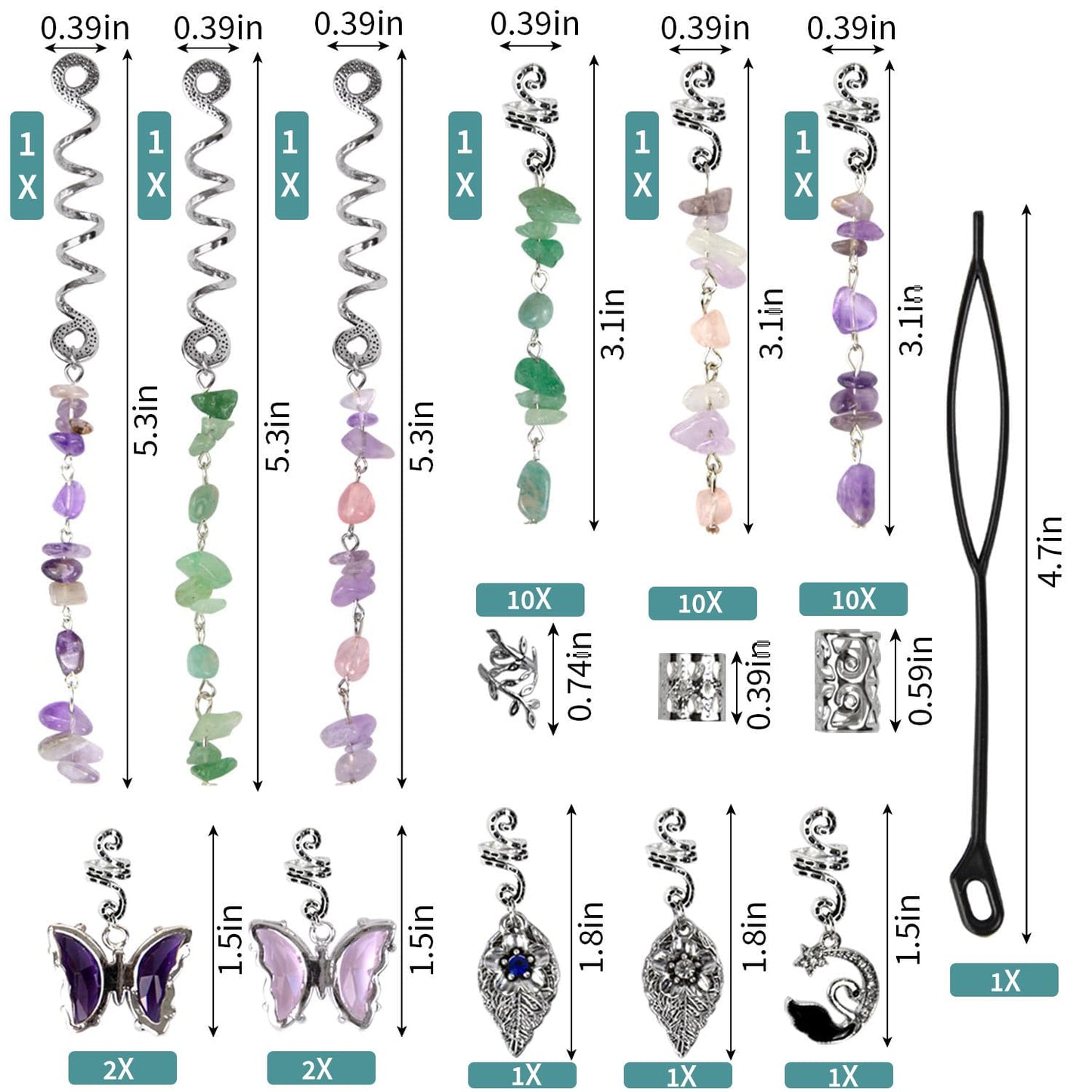 Hair Jewelry for Braids 44 Pcs Natural Colored Crystal Stone Hair Braid Accessories Metal Hair Charms Silver Loc Dreadlock Spirals Cuffs Rings Light Weight Hair Charms for Women