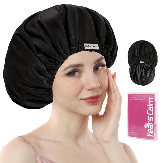 Years calm Shower Cap Reusable Waterproof, Double-Layer Hair Cap, with Elastic Band, Ideal for Shower, Spa, Travel & Cleaning (black, One Size)