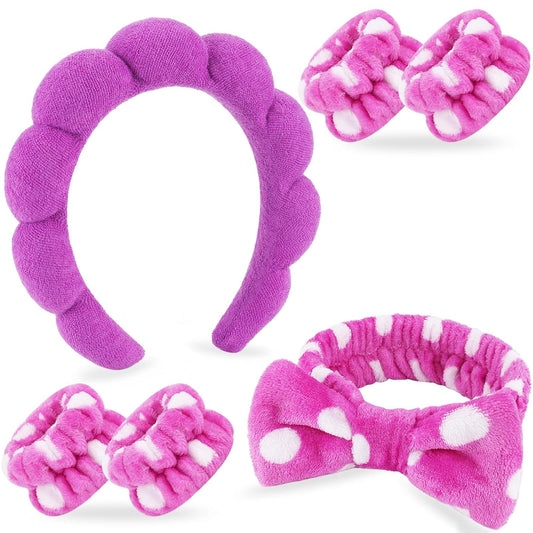 Zkptops 6Pcs Spa Headband for Washing Face Wristbands Set Women Bubble Skincare Makeup Sponge Terry Cloth Padded Puffy Headband Bow Tie Hairband Cute Non Slip Thick Hair Accessory Gifts(Dark Purple)