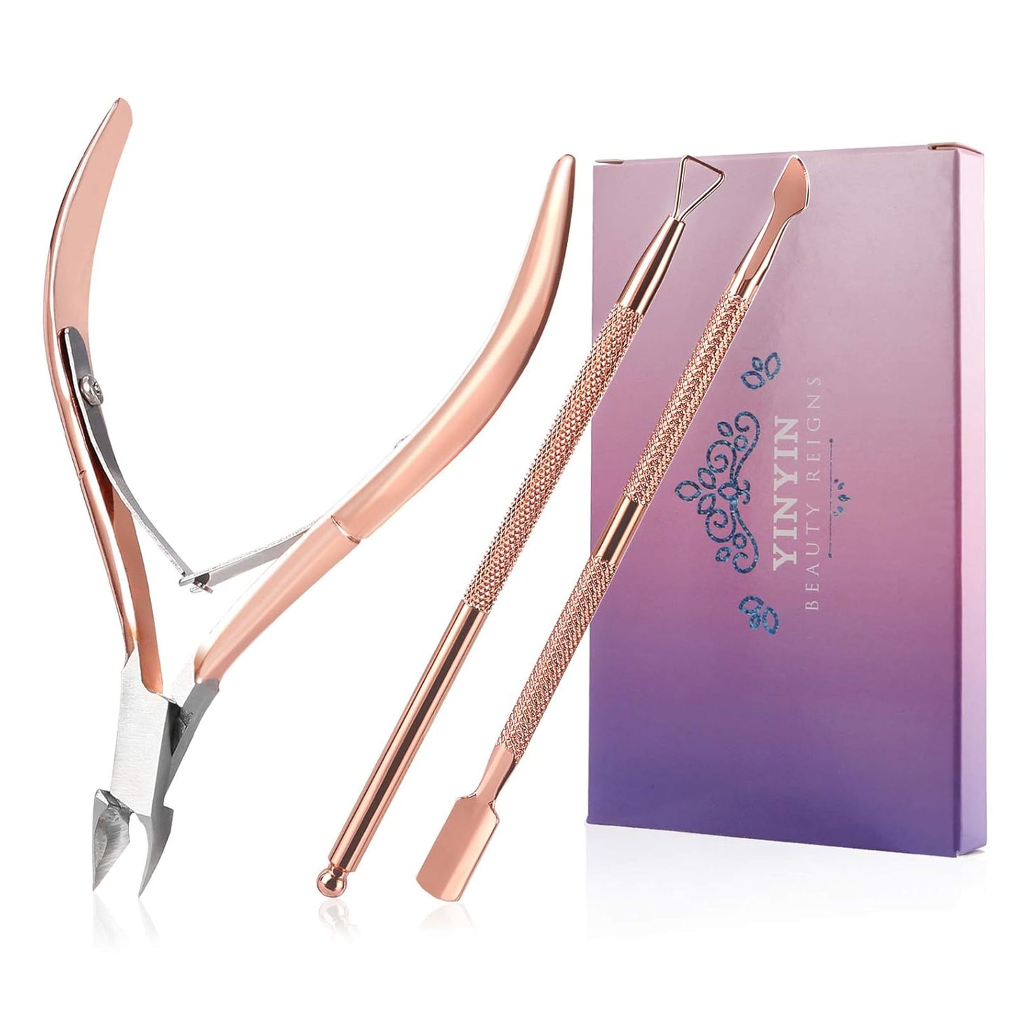Cuticle Trimmer with Cuticle Pusher and Cutter,YINYIN Cuticle Remover Cutter Nipper Clippers Durable Pedicure Manicure Tools for Fingernails and Toenails(D501-RoseGold)…