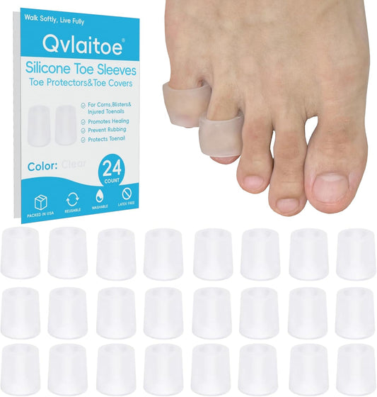 Silicone Toe Sleeves, 24 Count Pinky Toe Protector for Pain Relief, Gel Toe Covers for Blisters, Corn, Bunion, Hammer Toes, Overlapping Toes, Toenails Loss (Clear)