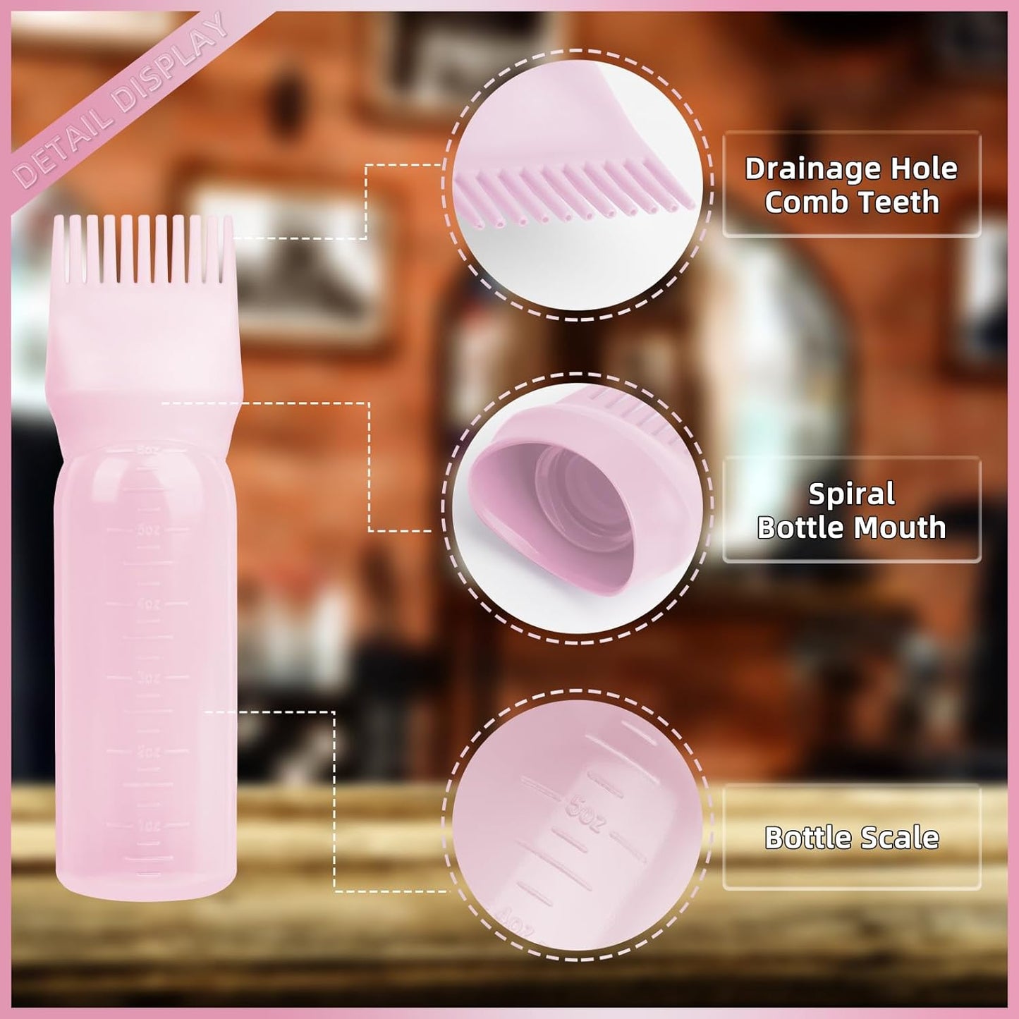 BLAAROOM 2Pack Root Comb Applicator Bottle - 6 Oz Hair Oil Applicator, Dye Bottle Tools with Oil Dispenser & Root Comb Brush - Pink
