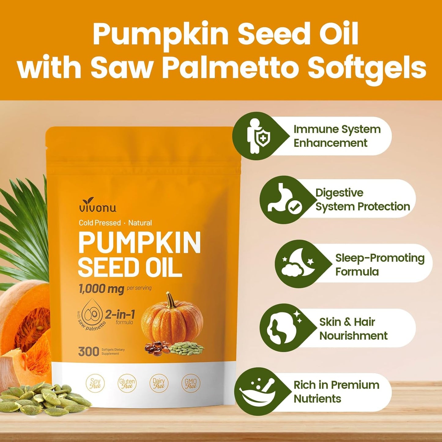 Pumpkin Seed Oil with Saw Palmetto Capsules | Cold Pressed, Pure Virgin Oil, Essential Fatty Acids & Phytosterols | 300 SoftgelsSupports Hair, Urinary, Bladder & Prostate Health, Non-GMO
