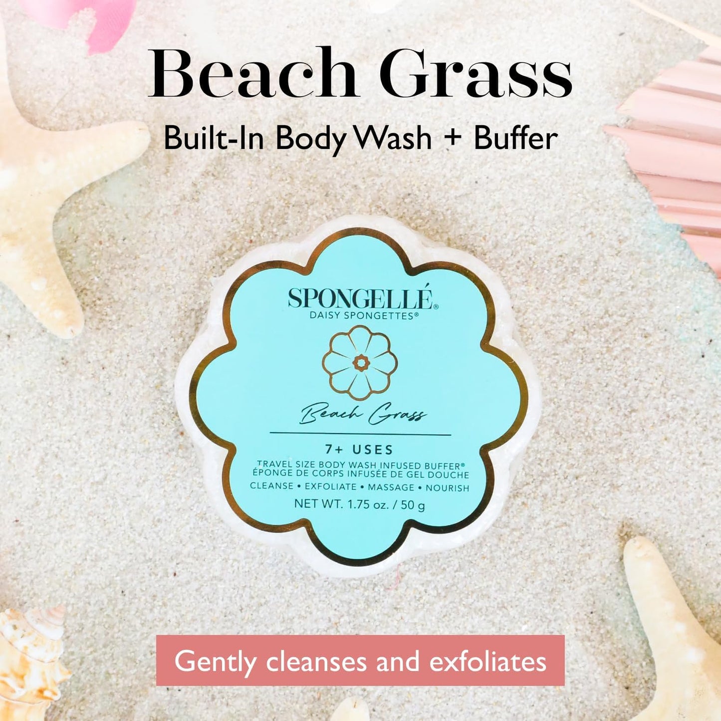 Spongelle Beach Grass Spongette Loofah Body Scrubber | Bath & Shower Loofah for Women | Body Scrubber Exfoliator with Body Wash Infused Sponge | 5+ uses | Crisp Marine, Green Tea & White Amber
