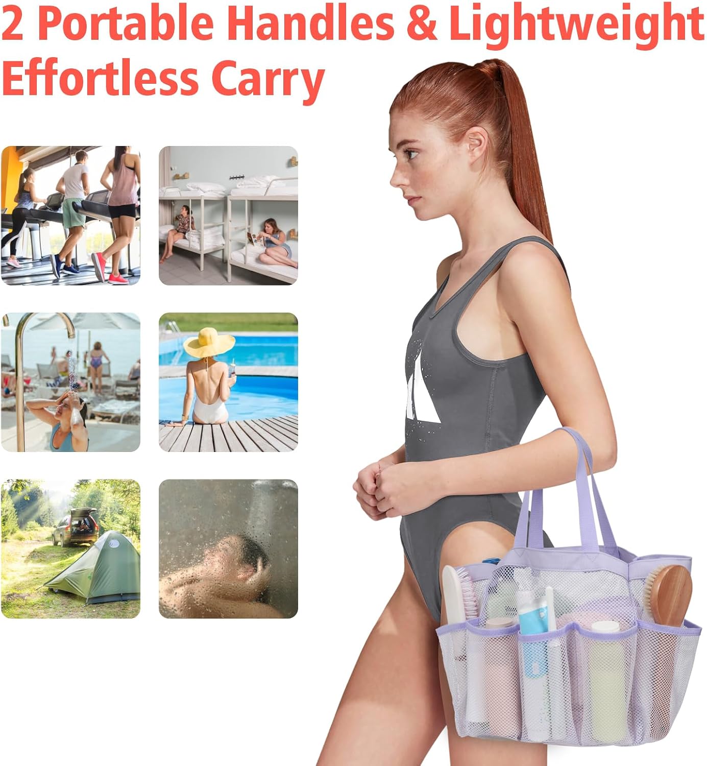 F-color Mesh Shower Caddy Portable, Upgrade Deeper 7 Pockets Shower Bag Basket Tote for College Dorm Room Toiletry Bathroom Essentials Gym Camp Quick Dry 2 handles with S Hook, Purple