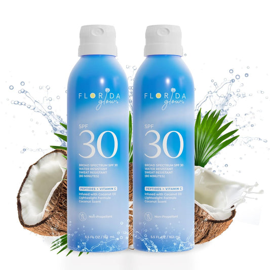 Florida Glow SPF 30 Sunscreen Spray - Hawaii 104 Reef Act & Florida Keys Compliant Broad Spectrum Water Resistant Sport Sun screen - Child Friendly Oxybenzone & Octinoxate Free (SPF 30 2-pack)