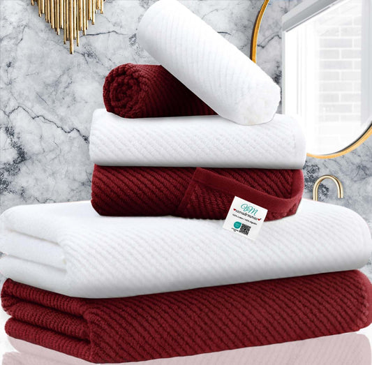 VOOVA & MOVAS Towels Bathroom Set - 100% Cotton | Quick Dry | Soft | Thick, Towel Set of 6, 2 Large Bath 30"x56", 2 Hand 18"x28", 2 Wash Cloths 13"x13", Bathroom Essentials, Burgundy Red and White