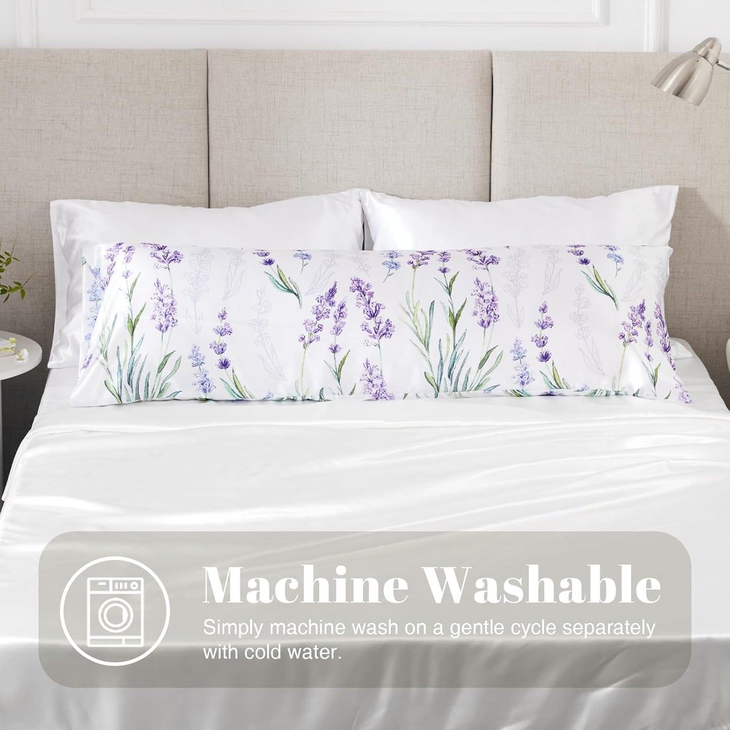 EXQ Home Satin Pillowcase for Hair and Skin Body- Flower Printed Lavender Silk Pillowcase 20x54 inches - Body Pillow Cases with Envelope Closure, Gifts for Women