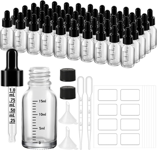 50 Pcs 1/2oz Clear Glass Dropper Bottles with Measurement, 15ml Leakproof Tincture Bottles with Funnels, Eye Droppers, Extra Caps & Labels, Refillable Empty Bottle for Tinctures, Essential Oils