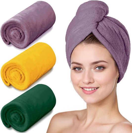 Hair Drying Towel 3 Pack - Ultra Soft Microfiber Turban Twist Hair Wrap for Women - Super Absorbent, Quick Dry Hair Towel Cap for Wet Hair (3 Colors, Yellow Green & Purple)