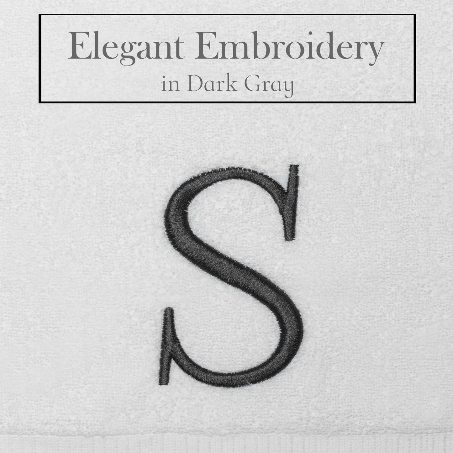 Dark Gray, Letter Hand Towel for Bathroom - Monogrammed Initial Hotel Quality Decorative Embroidered Towel for Powder Room, Spa - GOTS Organic Certified - Pack of 2, Letter S