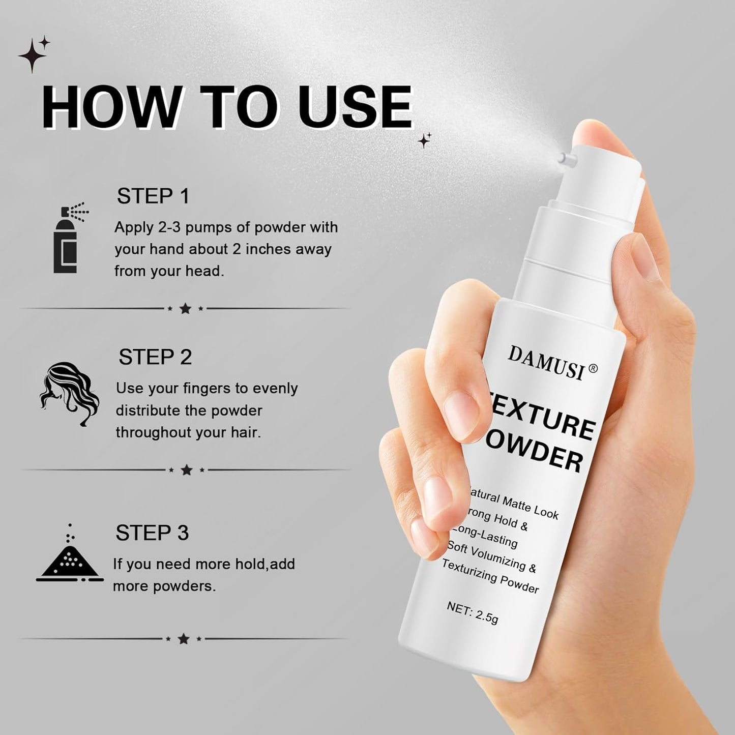 DAMUSI Hair Texture Powder Spray - Lightweight Volumizing and Texturizing Powder for Men & Women, Matte Finish Natural Look Mattifying Hair Volume Styling powder All-Day Hold