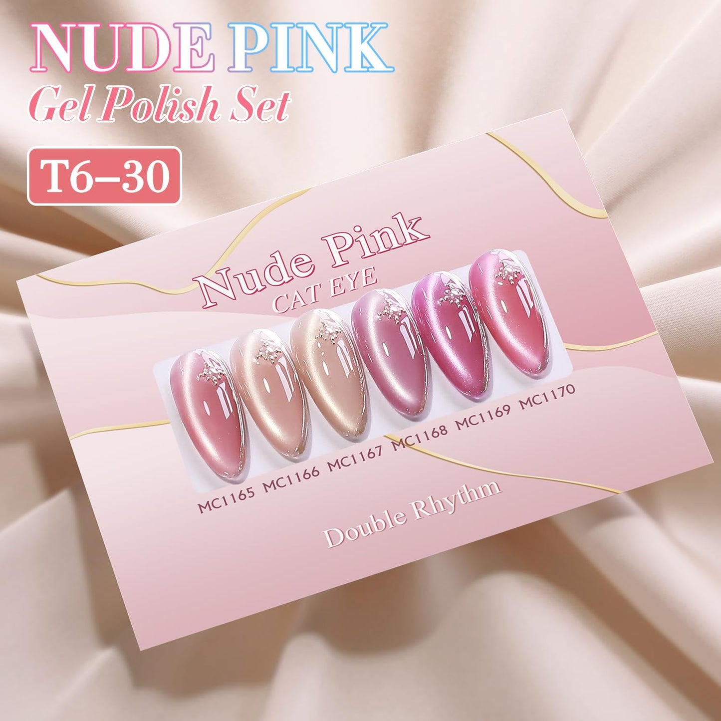 Double Rhythm Cat Eye Gel Nail Polish Set of 6 Same Color Same Bottle 0.5 Oz Shimmer Glitter with Magnet Holographic Reflective Magnetic UV Nail Polish Kit at Home (Nude Pink Rose-T6-30)