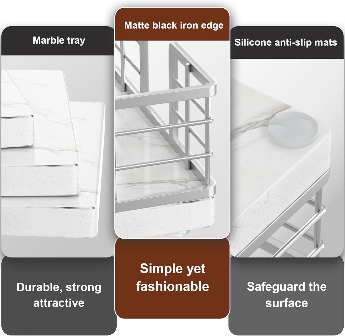 Wican Marble Guest Towel Holder Tray for Bathroom, Napkins Holder for Powder Room Dinning Table Wooden Basket for Disposable Paper Hand Towels Silvery and Marble White