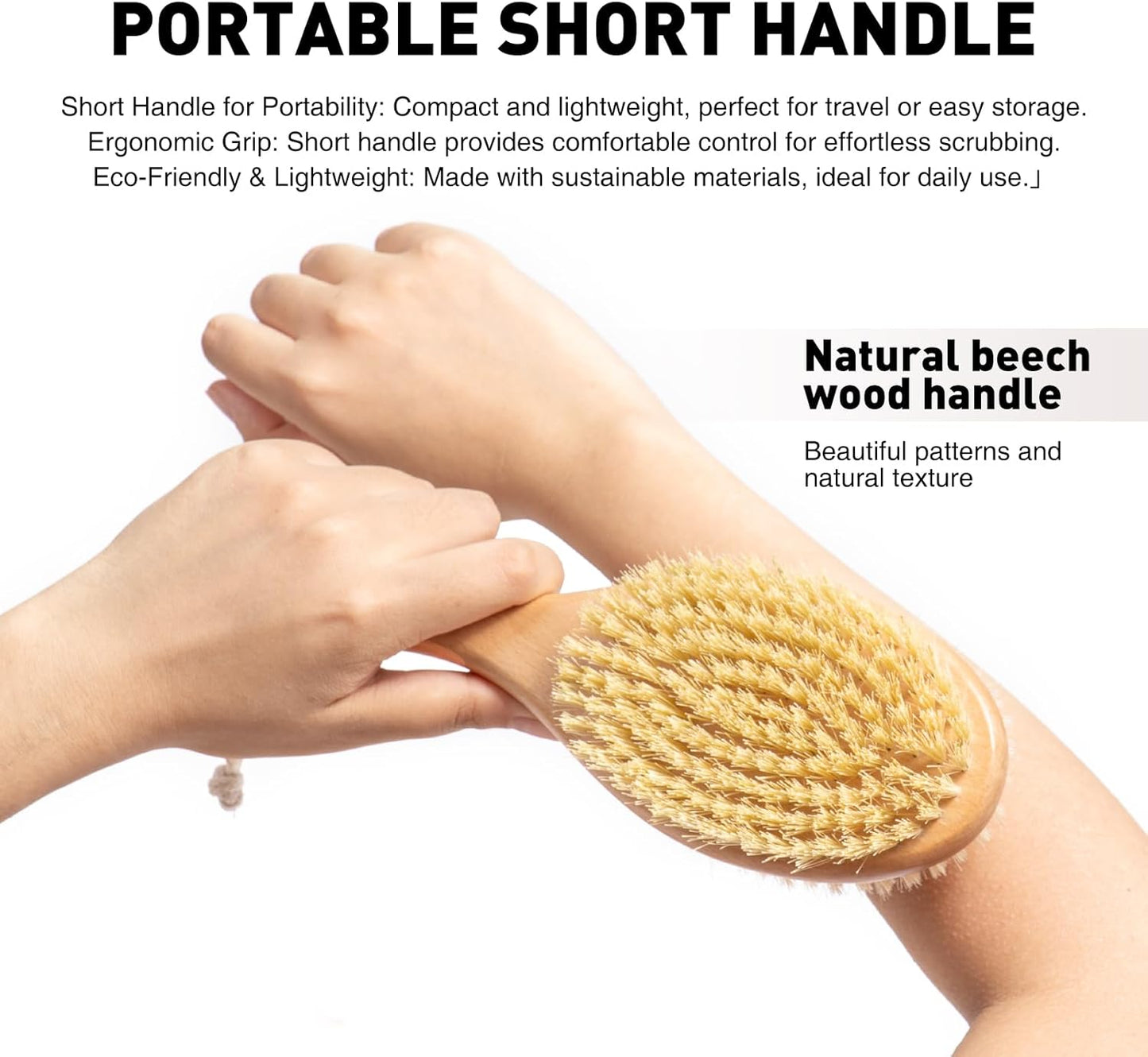 Short-Handle Dual-Sided Bath Massage Brush, Soft Boar & Firm Sisal Bristles, Portable (Natural Beech Wood)