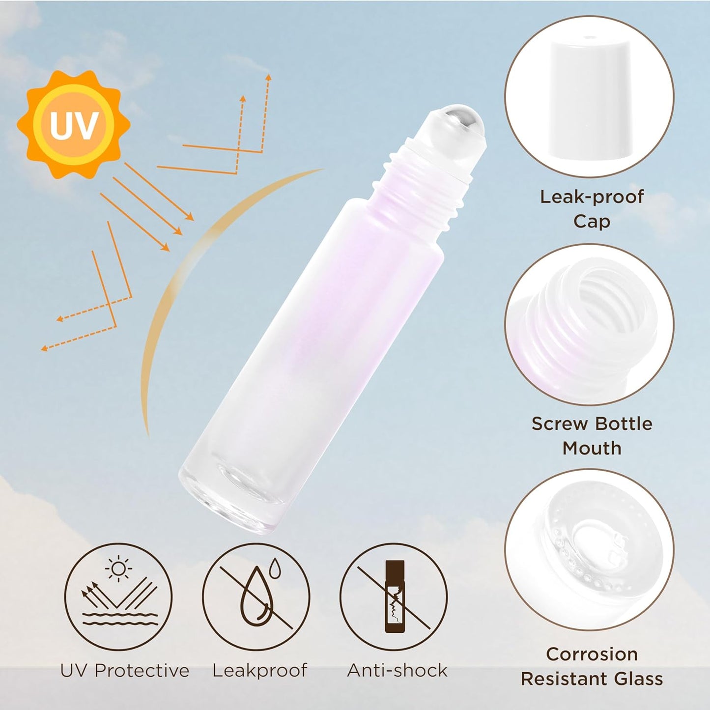 Essential Oil Roller Bottles, 10ml Thick Glass Perfume Roller Bottles with Funnel Opener and Dropper Colored Glass Empty Bottles with Stainless Steel Roller Balls (White, 4 Pack)