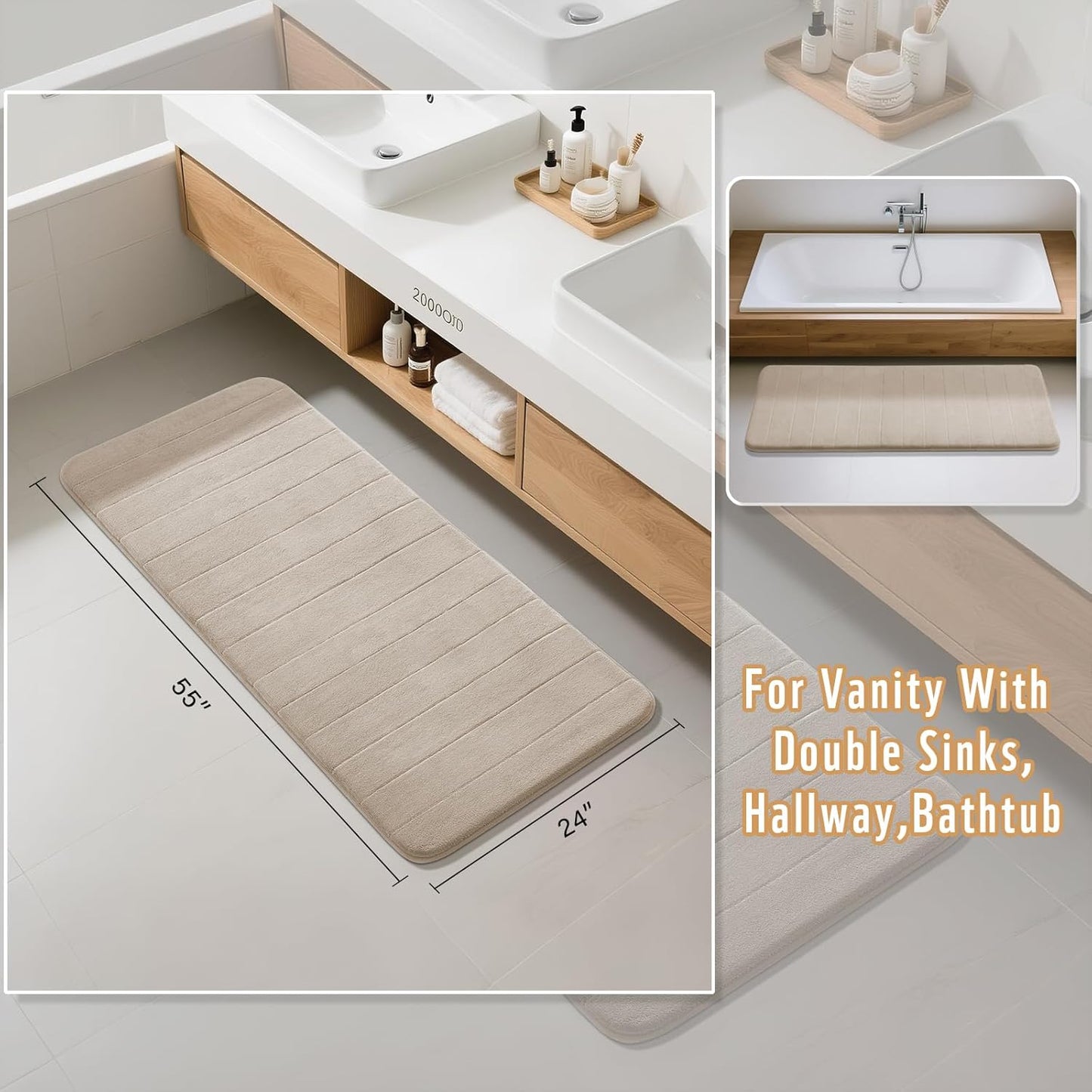 Yimobra Bathroom Runner 55"x24", Non Slip Memory Foam Bath Mat, Super Soft Water Absorbent Hallway Carpet, Machine Washable Rug for Vanity Tub Shower, Beige