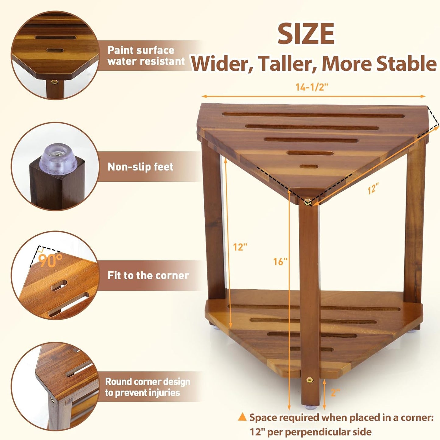 IBosins 16in Shower Foot Rest Corner Shower Stool for Shaving Legs with Storage Shelf Small Bench for Inside Shower to Sit on Bath Seat - Acacia Wood