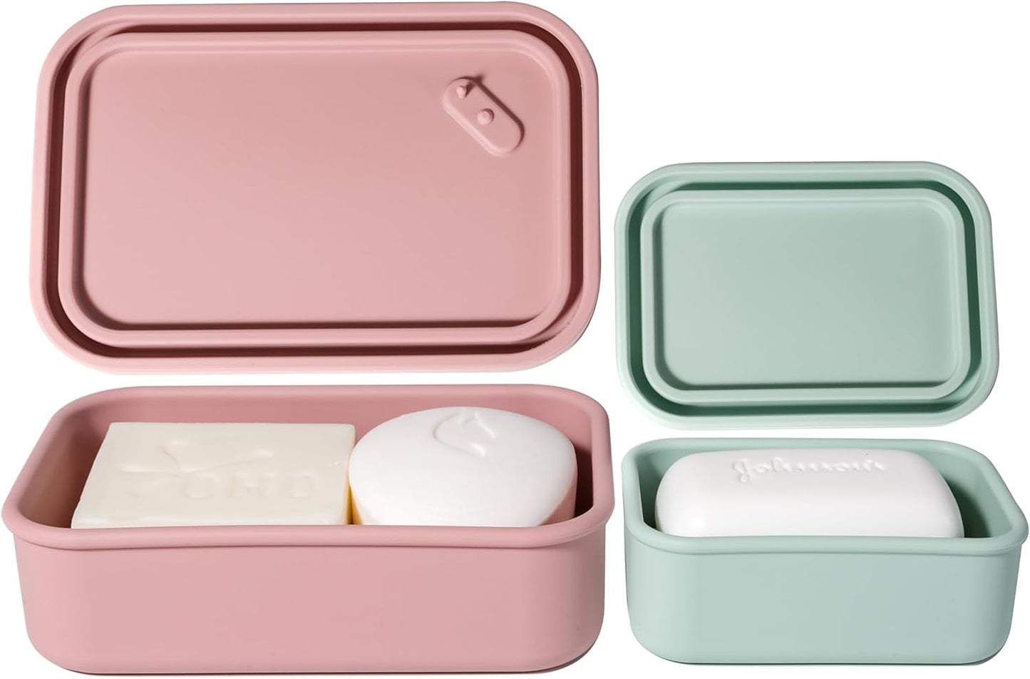 MtBoi 2PC Portable Leakproof Travel Soap Case, Silicone Soap Container, Compact Travel Holder with Drainage Layer, Camping, Gym, Outdoor Pink&MintGreen