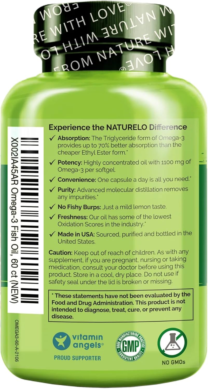 NATURELO Burpless Omega 3 Fish Oil Supplement - 1100mg Triglyceride Omega-3, EPA + DHA, Liquid Fish Oil for Heart, Eye, Brain, Joint Health - 60 Softgels, 2 Months Supply