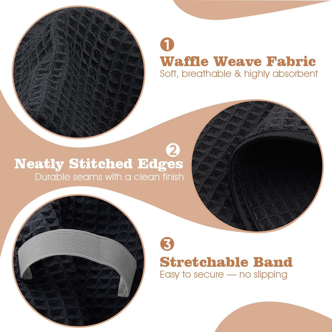 GLIMGLINT 2 Pack Large Microfiber Hair Towel Wrap for Women, Super Soft Hair Drying Towel, Fast Drying Waffle Hair Towel Wrap with Elastic Strap 40"X26.5" (Black)