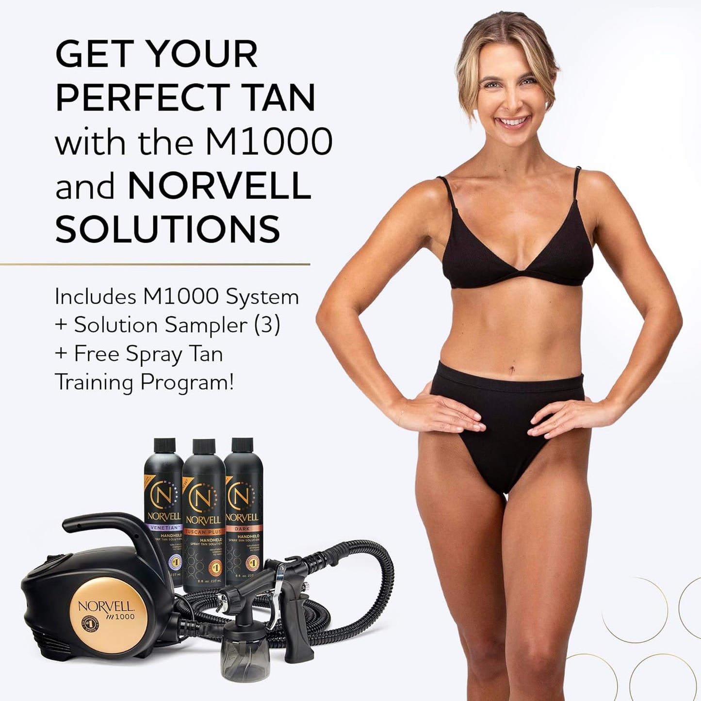 Norvell Spray Tan Machine Kit - Sunless M1000 Mobile HVLP Tanning Airbrush Machine with 8oz Tuscan Plus, Venetian & Dark Solutions – Professional Tanning System with Training Program
