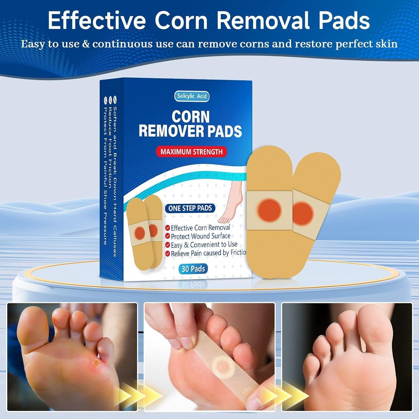 QIYANA Corn Remover Pads for Feet and Toes, 30 Pack Extra Strength 40% Salicylic Acid Medicated Patches, Effective Treatment for Small Callus and Dead Skin