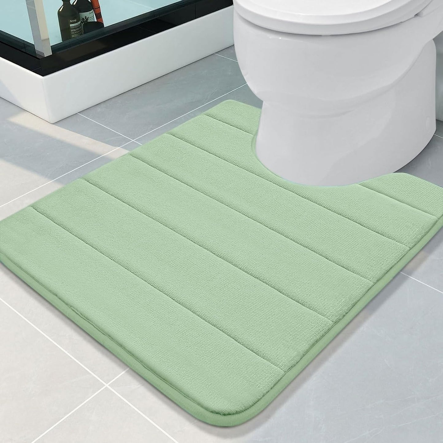 Buganda Memory Foam U-Shaped Contour Toilet Rugs, Non Slip Absorbent, Thick Soft Washable Bathroom Mat, Floor Carpet Bath Rugs Mat for Toilet Base (24" x 20", Sage Green)