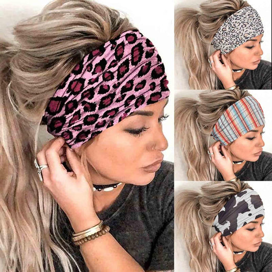 Olbye Boho Wide Turban Elastic Nonslip Headbands for Women Girls - Workout, Yoga, Running, Sweatband, African Bohemian Hair Wraps & Fashion Accessories (H- Leopard)