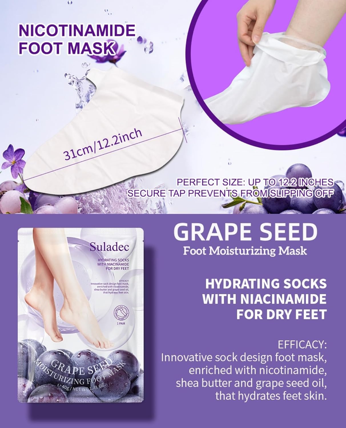 SULADEC Moisturizing Foot Mask with Grape Seed Oil and Shea Butter, Hydrating Foot Masks for Dry Cracked Feet, Dry Skin Moisturizer for Soft and Smooth Touch Feet - Men Women - 7 Pairs