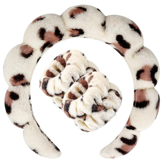 Zkptops Spa Headband for Washing Face Wristband Set Sponge Makeup Skincare Headband Wrist Plush Bubble Get Ready Hairbands for Women Puffy Headwear Non Slip Thick Thin Hair Accessory(Beige Leopard)