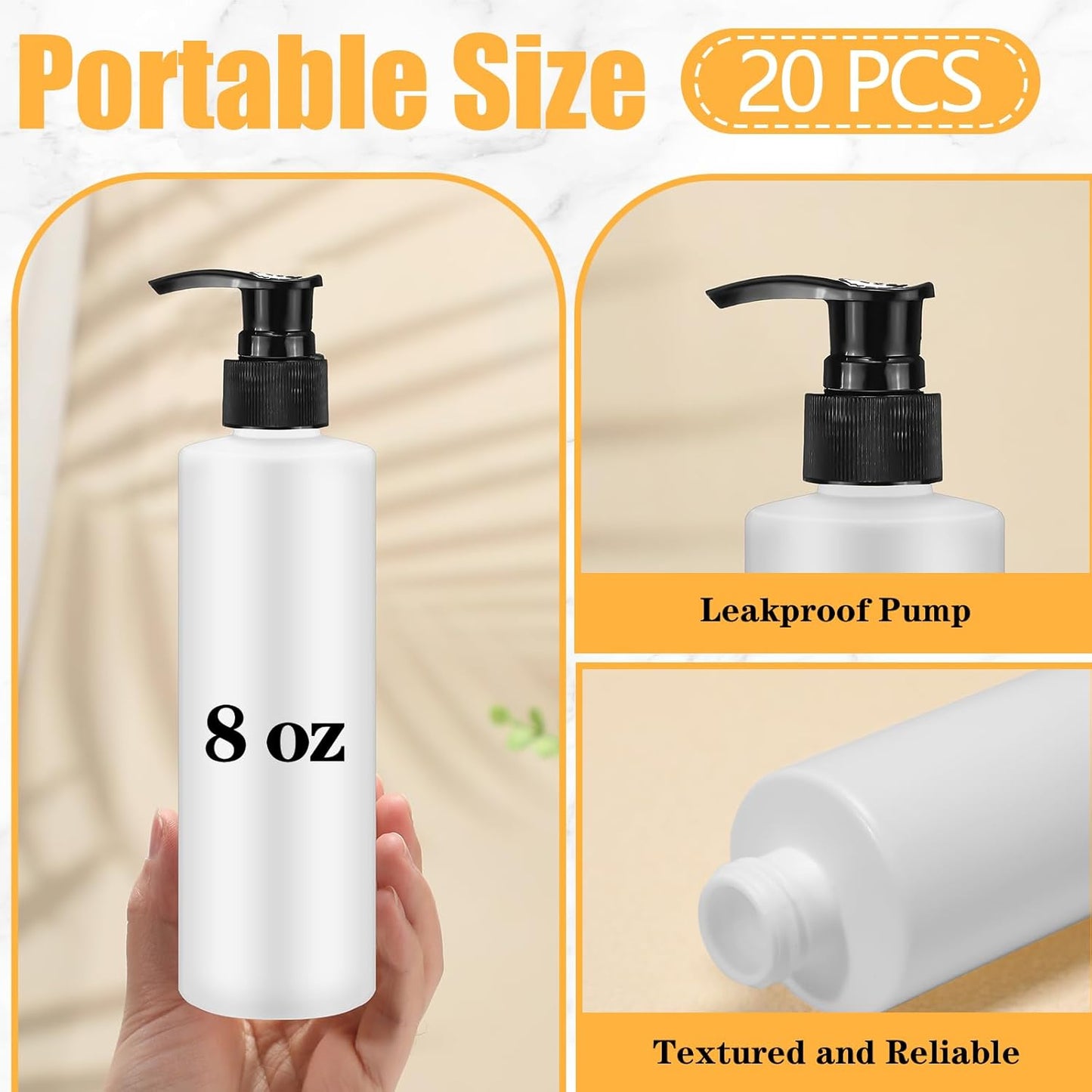Thyle 20 Pcs Plastic Pump Dispenser Bottle 8 oz Refillable Plastic Bottles Bulk Lotion Container Travel Lock Empty container for Shampoo Massage Oil Dispensing (White bottle, black head)