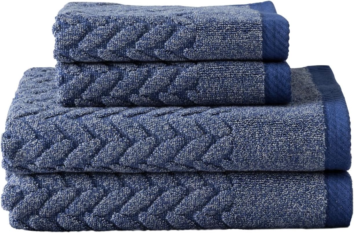 Texere 100% Organic Cotton Cable Jacquard 650 GSM Luxury Towel Sets - Ultra Soft and Absorbent Hotel and Spa Quality (Cable, Estate Blue, 2 Hand & 2 Face Towels)