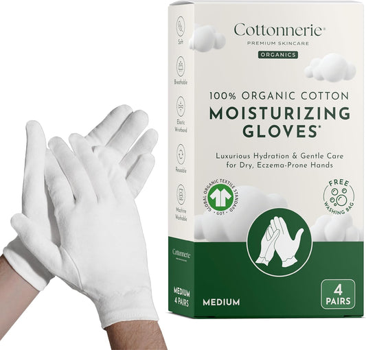 Cottonnerie Organic Cotton Gloves for Dry Hands Sleeping, Moisturizing Gloves Overnight, Hand Moisturizer Gloves, Moisture Gloves for Dry Hands Overnight, Sleeping Gloves, Medium 4 Pairs