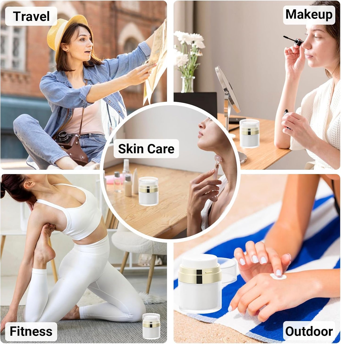 Segbeauty 1.7oz Airless Pump Bottles Travel, Airless Pump Jars Pack of 4 Gold Empty Travel Jars for Creams Vacuum Bottle Dispenser, 50ml Refillable Bottle for Toiletries Moisturizer Container