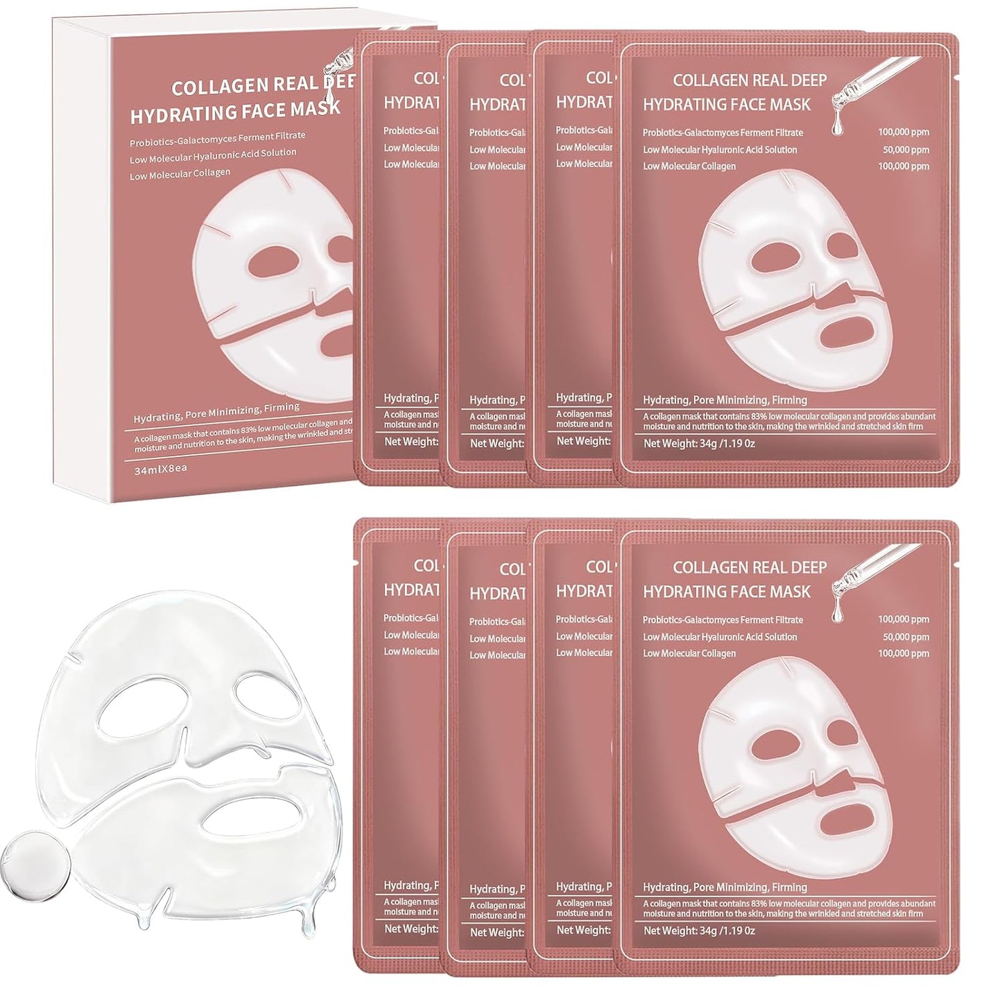 8 Pack Collagen Face Mask, Collagen Face Mask Overnight, Anti-Wrinkle Lifting Collagen Mask, Deeply Hydrates, Minimizes Pores, And Enhances Elasticity